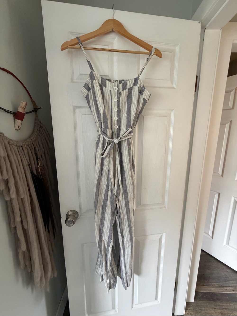 Rails Striped Sleeveless Button-Front Jumpsuit in Beige & Gray